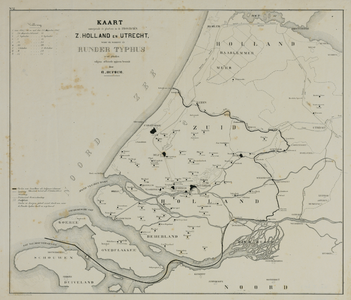 29123 Kaart van de provincie Zuid-Holland met aanduiding van de plaatsen waar in 1865 rundertyfus is uitgebroken.
